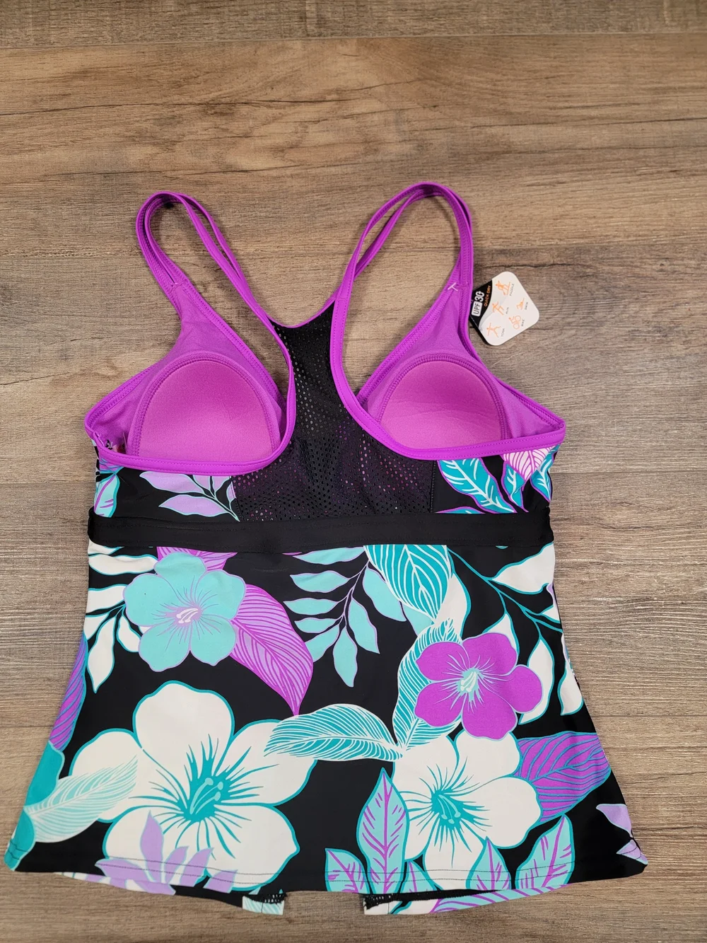 ZeroXposur Black Floral Tankini Top with Teal & Purple Accents Medium 10/12 NWT